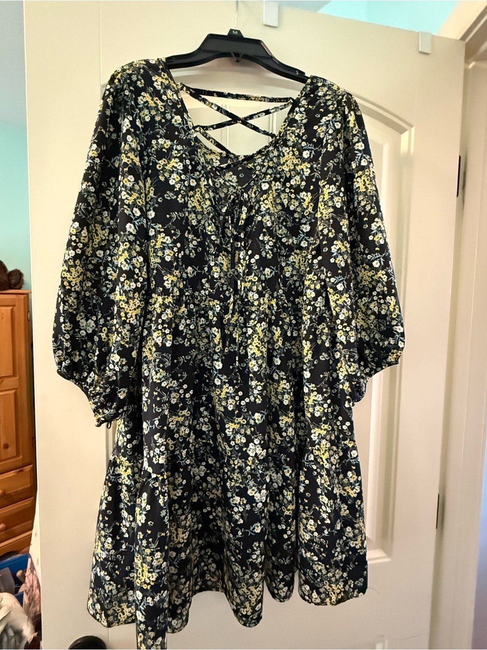 KyeMi Floral Lace-Up V-Neck Women’s Dress in Black and Yellow